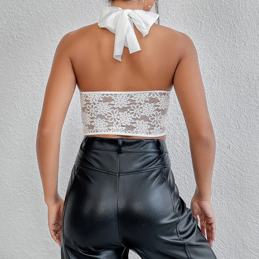 Elegant Lace Mesh Cross Halter Tank Top with Diamond Fishbone Small Vest for Women Tube Top with Lace Mesh Cross Halter Crop Top