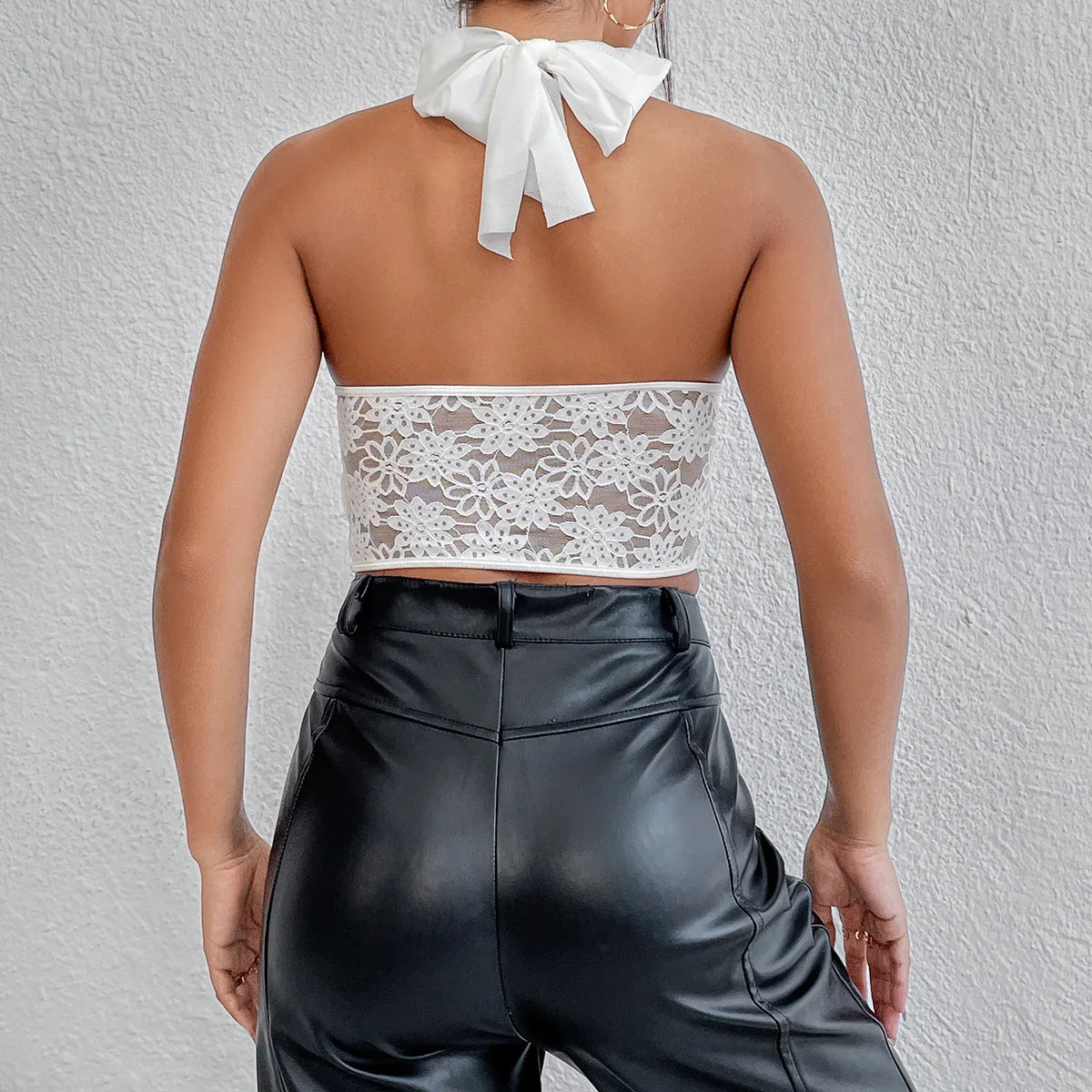Elegant Lace Mesh Cross Halter Tank Top with Diamond Fishbone Small Vest for Women Tube Top with Lace Mesh Cross Halter Crop Top