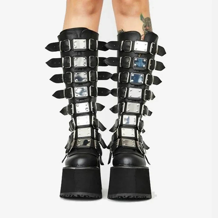 Women Boots Cosplay Ladies High Heel Platform Wedges Women High Boots Gothic Buckle Strap Long Tube Leather Female Boots Plus Si