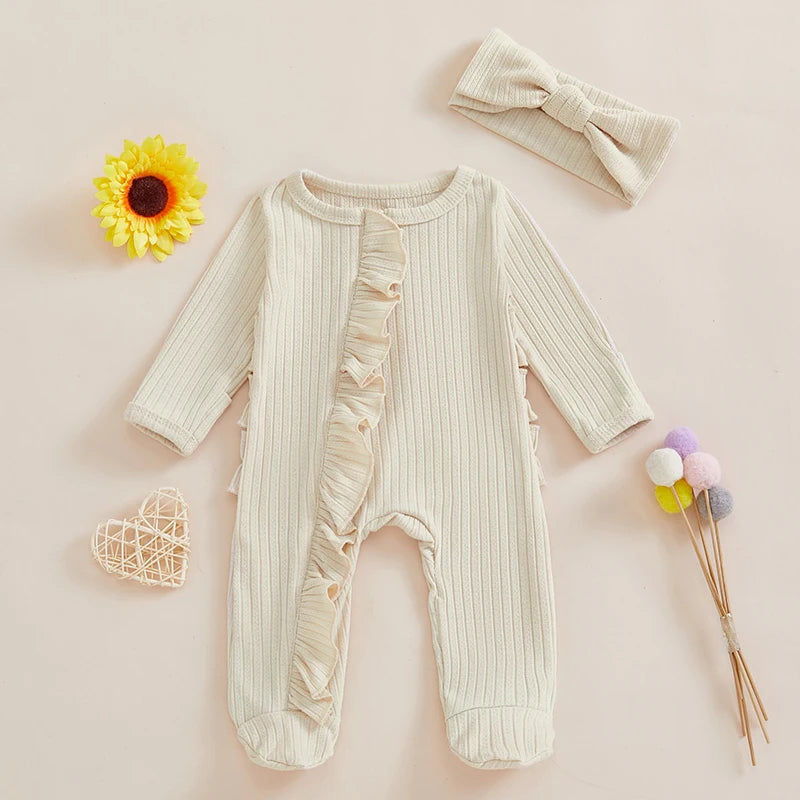Infant Girls Fall  with Ruffled Sleeves and Matching Headband - Cozy Footed Romper for Autumn Season