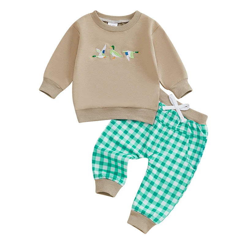 2024-09-13 Lioraitiin Toddler Baby Boy Girl Duck Clothes Long Sleeve Sweatshirt Plaid Elastic Waist Long Pants Outfit