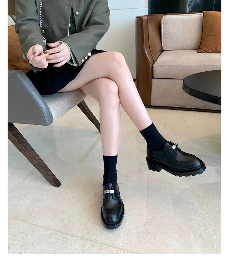 Office Career Women Pumps PU Spring New British Retro Metal Buckle Thick Bottom JK Flat Bottom Small Leather ShoesWoman Shoe