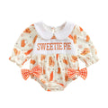 Thanksgiving Turkey Print Ruffle Sleeve Romper with Bow Detail and Peter Pan Collar for Baby Girls Fall Outfit