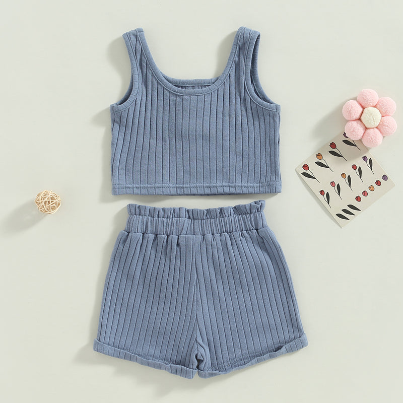2023-02-14 Lioraitiin 0-4Years Toddler Girls 2Pcs Summer Outfit Sets Solid Button Vest Ribbed Drawstring Shorts