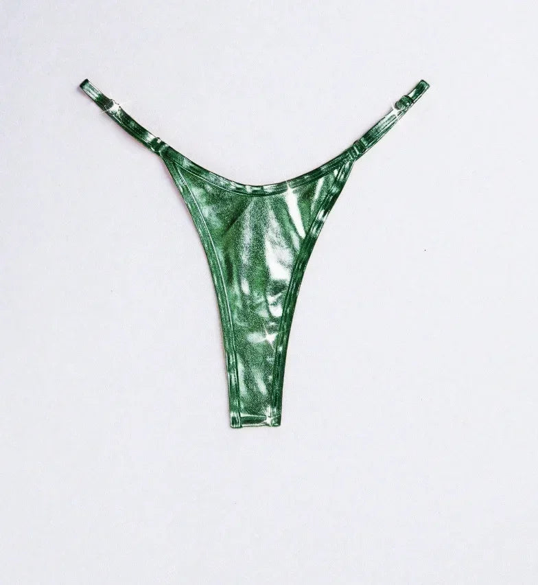 Women Adjustable Strap Thong Lady Briefs Panties G-string Glossy Triangle Shape Solid Color Elastic Mid Waist Ladies Underpants