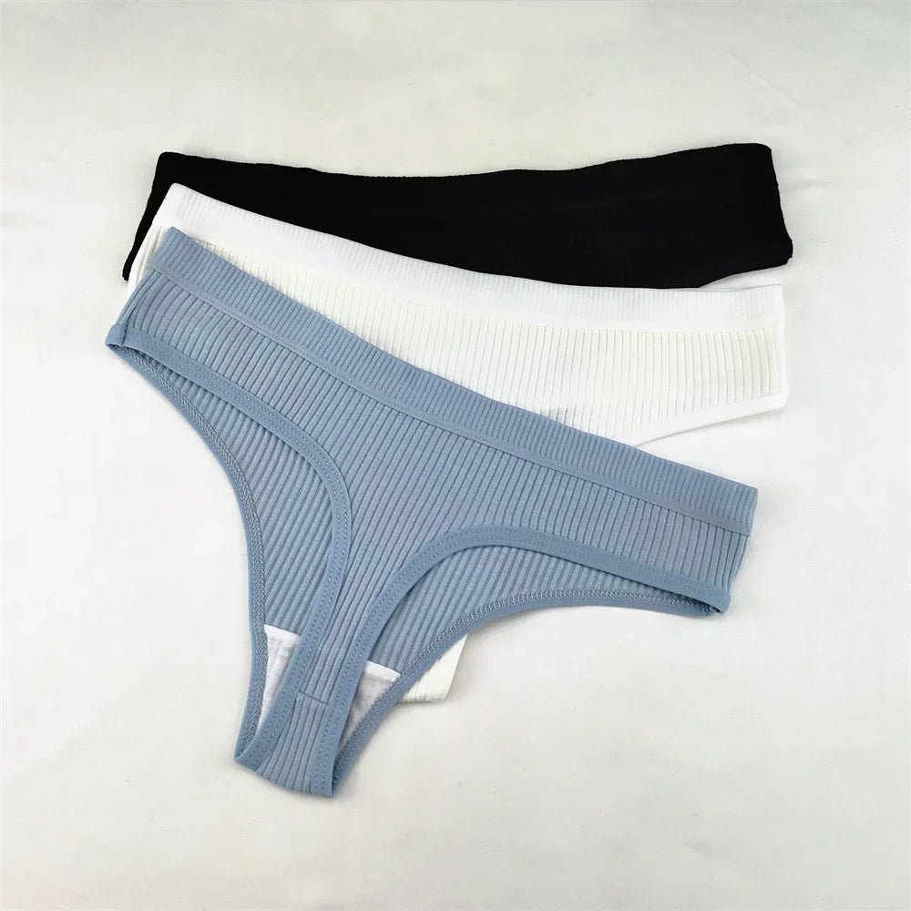 3Pcs/Set Women Thong G String Soft Ribbed Cotton Brazilian Panties Solid Color Low Rise Underwear Female Intimates Lingerie