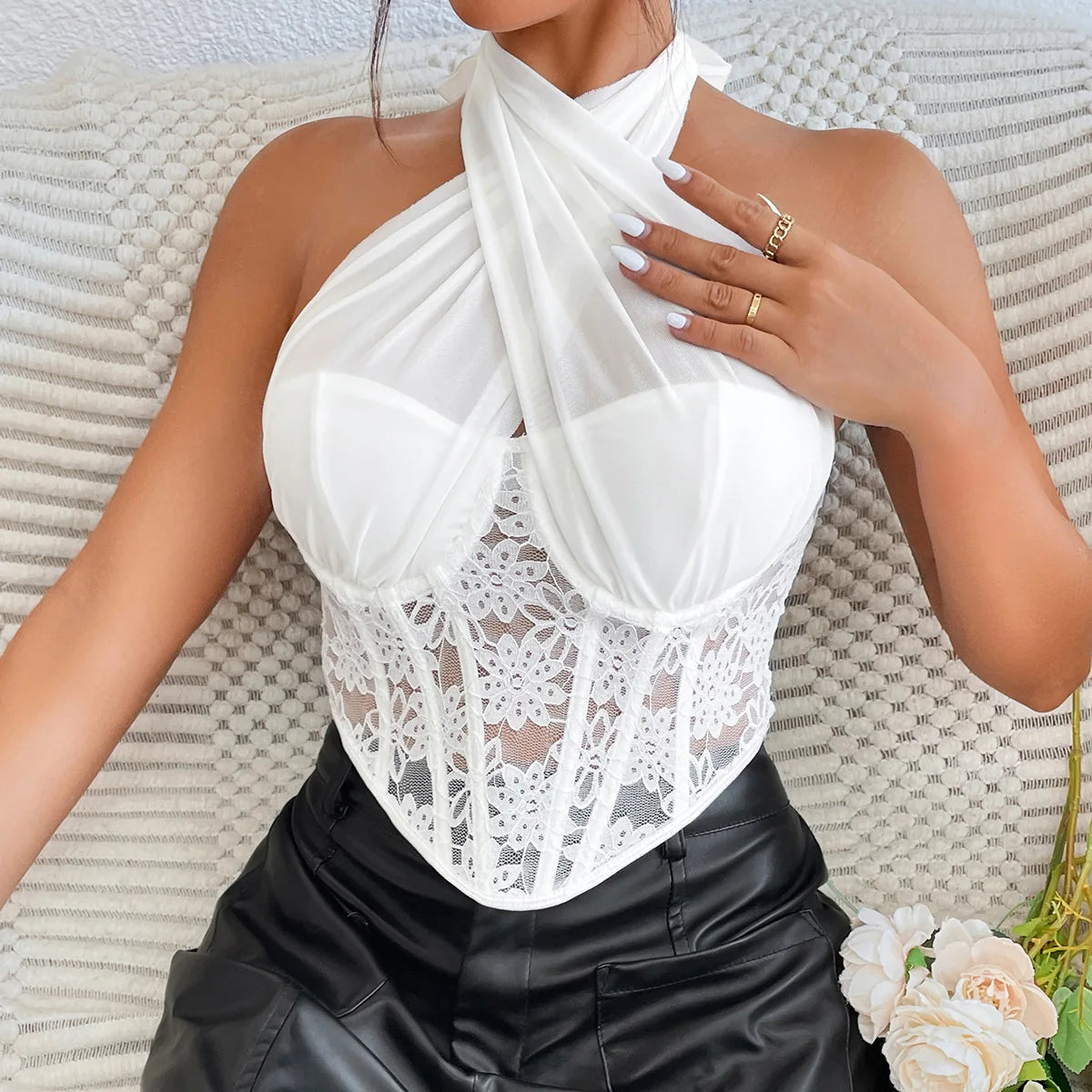 Elegant Lace Mesh Cross Halter Tank Top with Diamond Fishbone Small Vest for Women Tube Top with Lace Mesh Cross Halter Crop Top