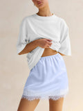 Lamuusaa y2k Lace Trim Skirt Women Summer Clothes Solid Color Elastic High Wasit A Line Short Mini Skirt Party Skirts Clubwear