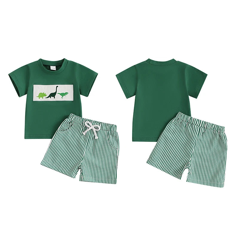 Lioraitiin Toddler Baby Boy Shorts Set Whale/Dinosaur/Turtle Short Sleeve T-shirts Striped Elastic Waist Shorts Summer Outfit