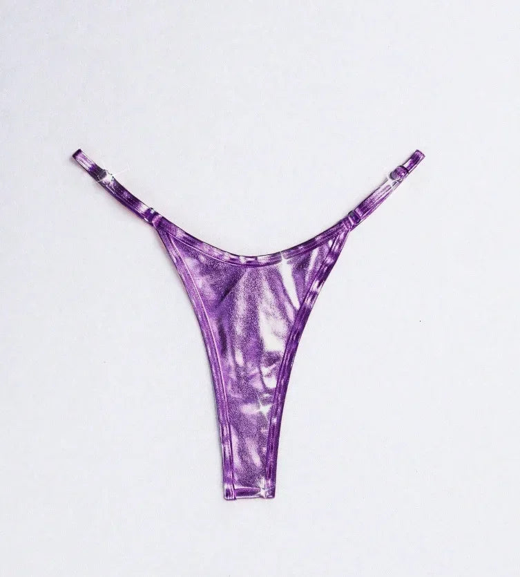 Women Adjustable Strap Thong Lady Briefs Panties G-string Glossy Triangle Shape Solid Color Elastic Mid Waist Ladies Underpants