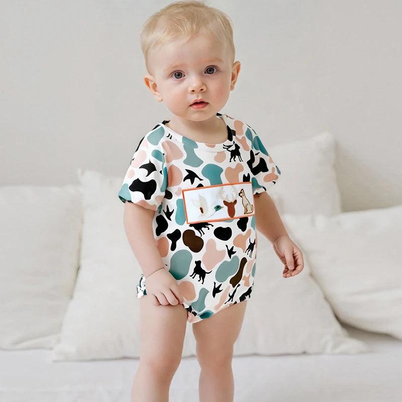 Lioraitiin Newborn Baby Boys Summer Jumpsuit Casual Dog Camouflage Print Embroidery Short Sleeve Romper Cute Clothes