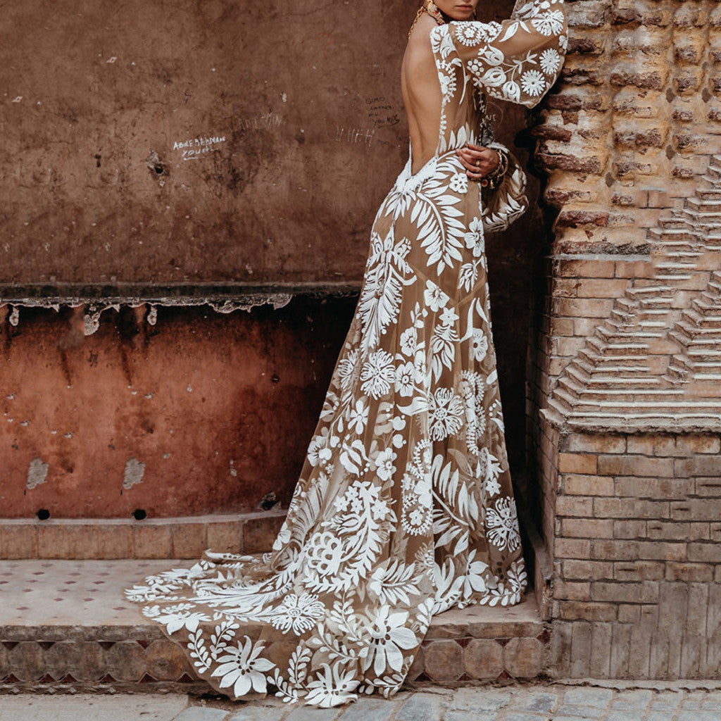 Fashion Floral Print Flared Sleeves Evening Dress Boho Women Holiday V-Neck Backless Sundress High Waist Wedding Guest Ball Gown