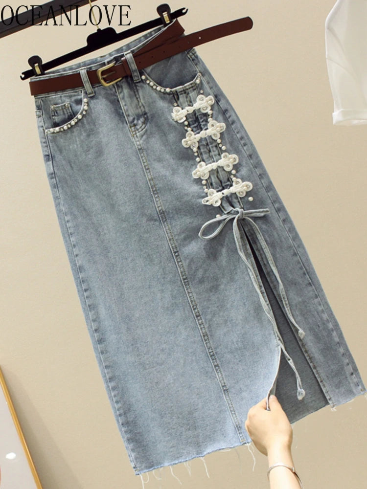 OCEANLOVE Chinese Style Button Denim Skirts for Women Spring Autumn Elegant Vintage Faldas Mujer Fashion Solid  Skirt