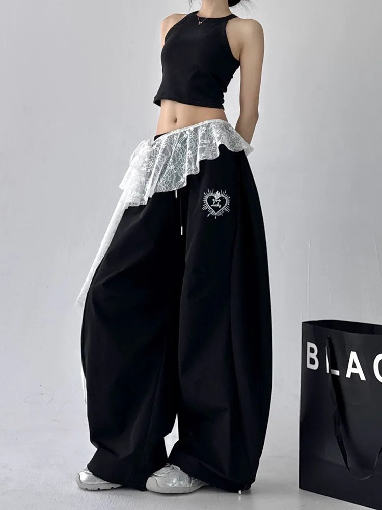Jeans Pants Decor Embroidered Flower Lace Mini Skirt Irregular See Through Ruched Skirts High Waist Harajuku Pleated Skirts