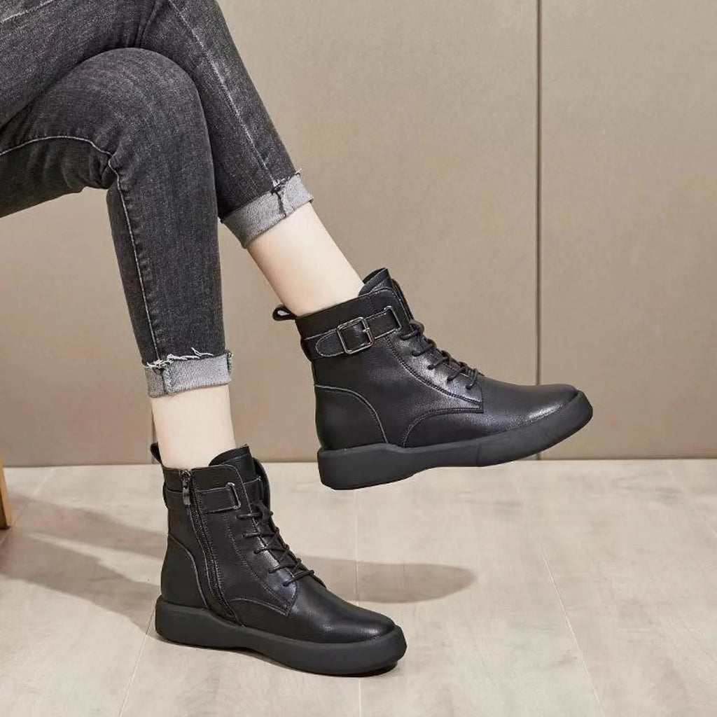 Women'S Fashionable Versatile Ankle Boots British Retro Belt Plus Velvet Short Suede Boots For Women Lace Up Flat Shoes Botines