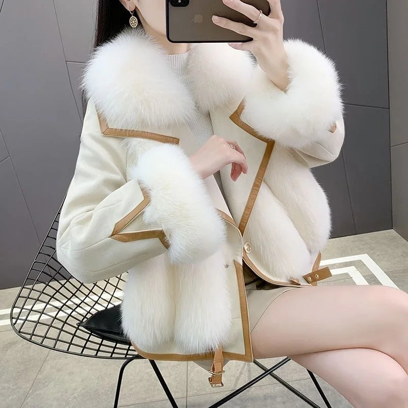 2025 Women Mid-Long Style Faux Fur Jacket Winter Female Pu Leather Splicing Fur Outwear Ladies Long Sleeve Thicken Warm Fur Coat