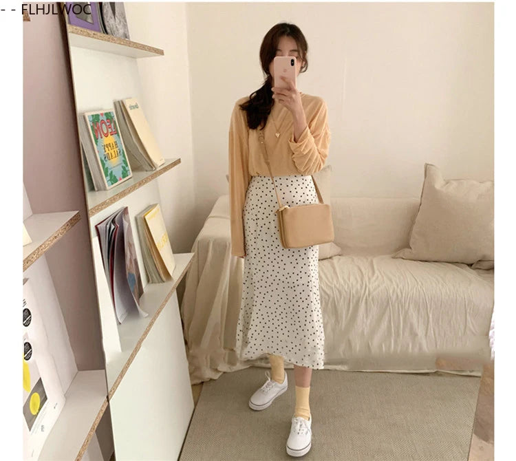 2024 Summer Skirt Long Hot Sales Women Black White Dot Preppy Style Girls Korean Design High Waist Black Skirt 3024