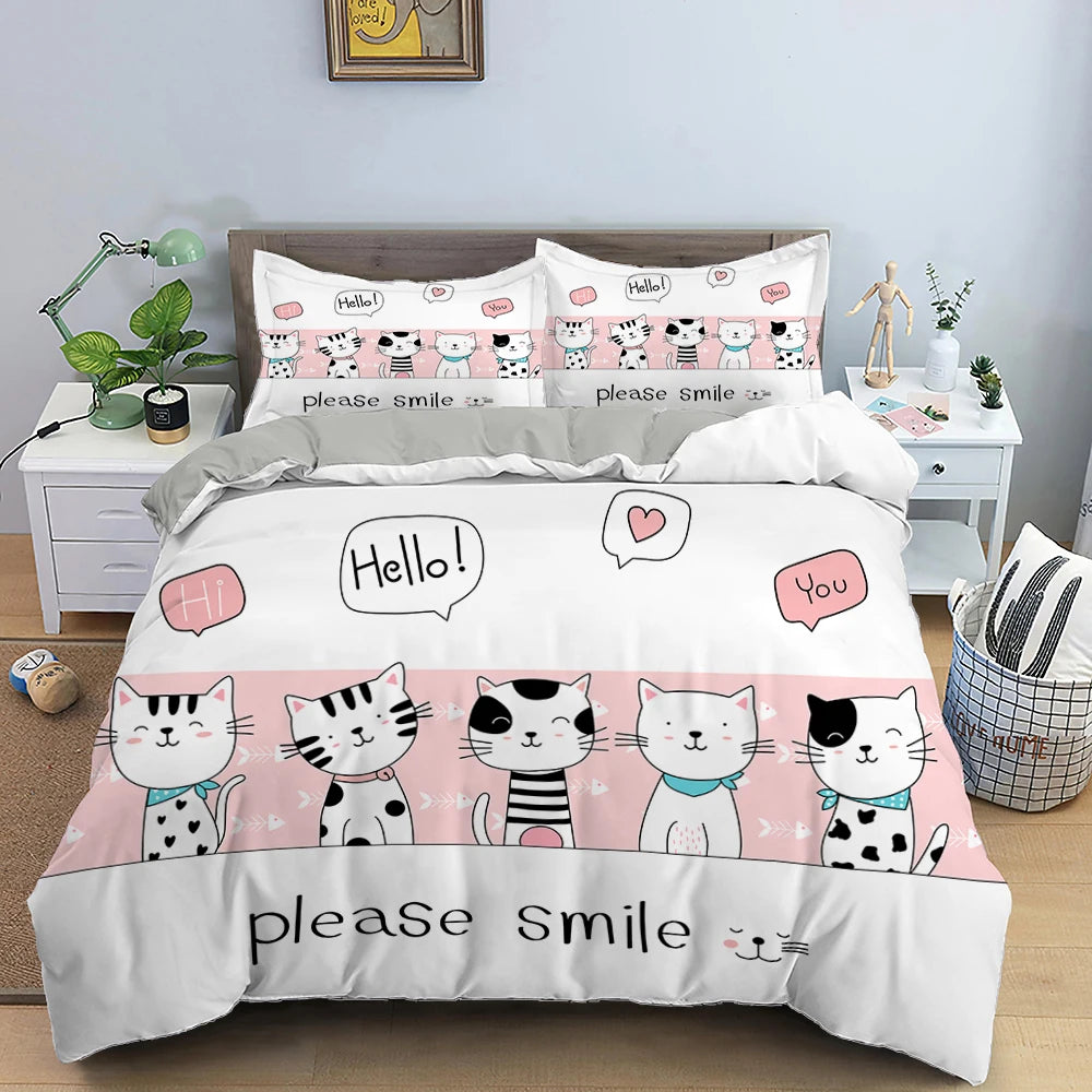 Cute Pink Pet Cats Cartoon Kitten Print Duvet Cover Pillowcase Polyester Quilt Cover for Children Women Bedroom Decoration King
