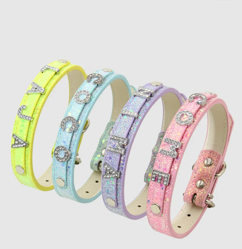 Rhinestone DIY Letter Customizable Pet Collar – Adjustable Leather Cat Necklace & Dog Collar with Bright Glitter Pet Accessories