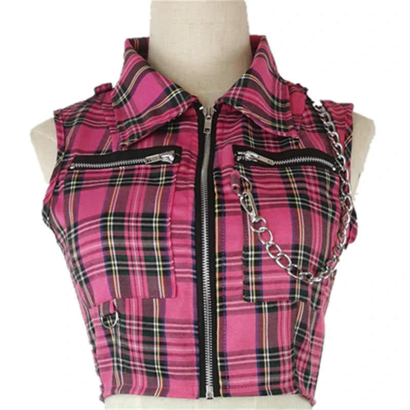 Women Pink Sexy Punk Gothic Zipper Sleeveless Suit Sweet Personality Chain Sleeveless Short T-shirt Streetwear Plaid Skirts