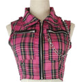 Women Pink Sexy Punk Gothic Zipper Sleeveless Suit Sweet Personality Chain Sleeveless Short T-shirt Streetwear Plaid Skirts