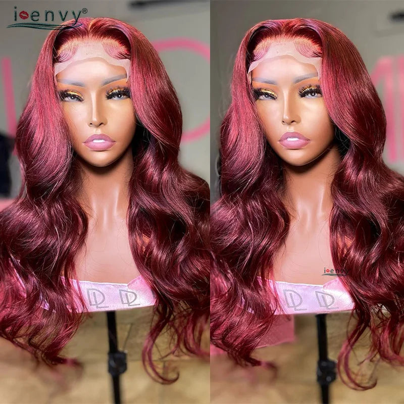 13X4 HD Transparent Lace Front Wigs Burgundy Red Human Hair Wigs PrePlucked 13X6 32Inch Body Wave Lace Front Wig For Women Curly