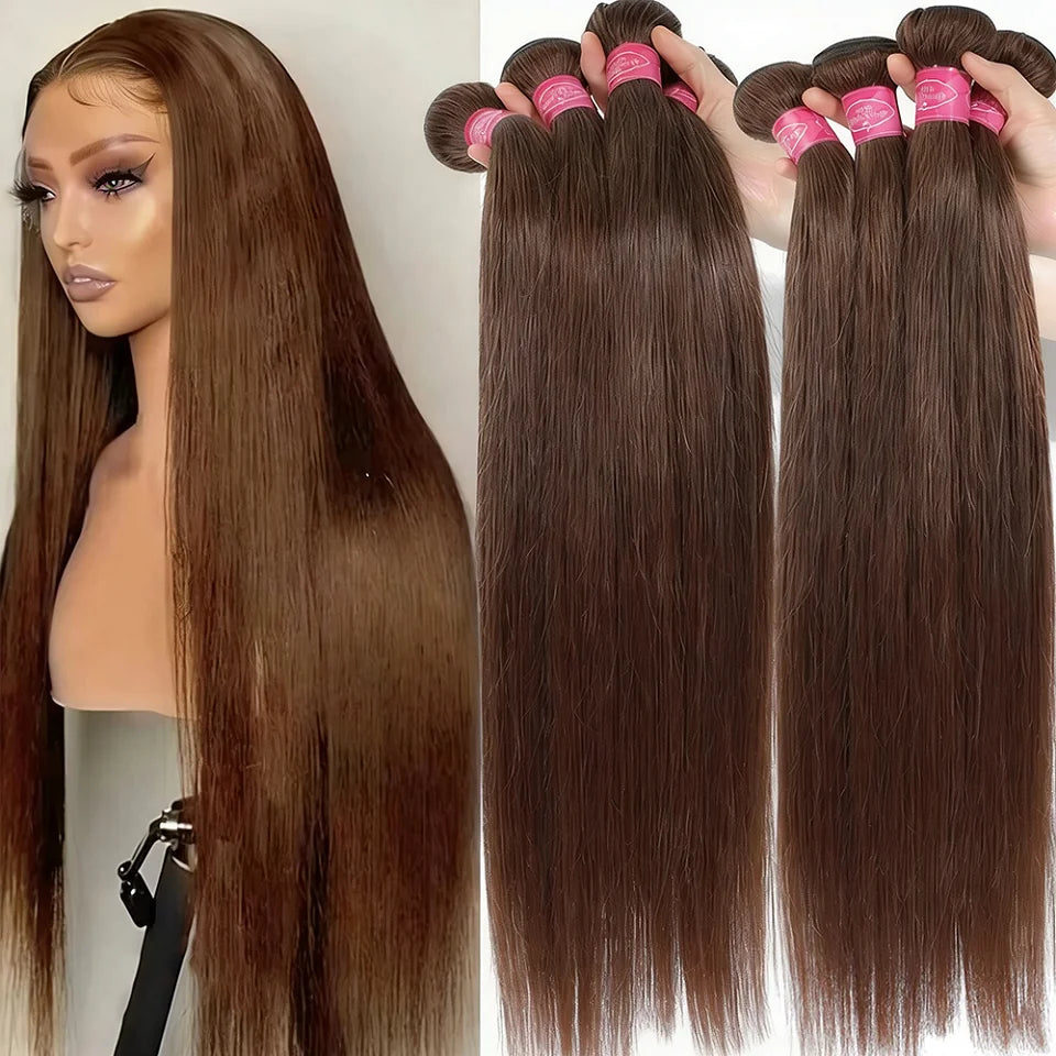 Straight #4 Chocolate Brown Raw Virgin Human Hair Weave Bundles 1/3/4Pcs Indian Bone Straight Extension For Women Sale Clearance
