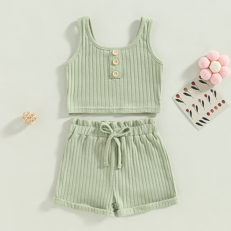 2023-02-14 Lioraitiin 0-4Years Toddler Girls 2Pcs Summer Outfit Sets Solid Button Vest Ribbed Drawstring Shorts