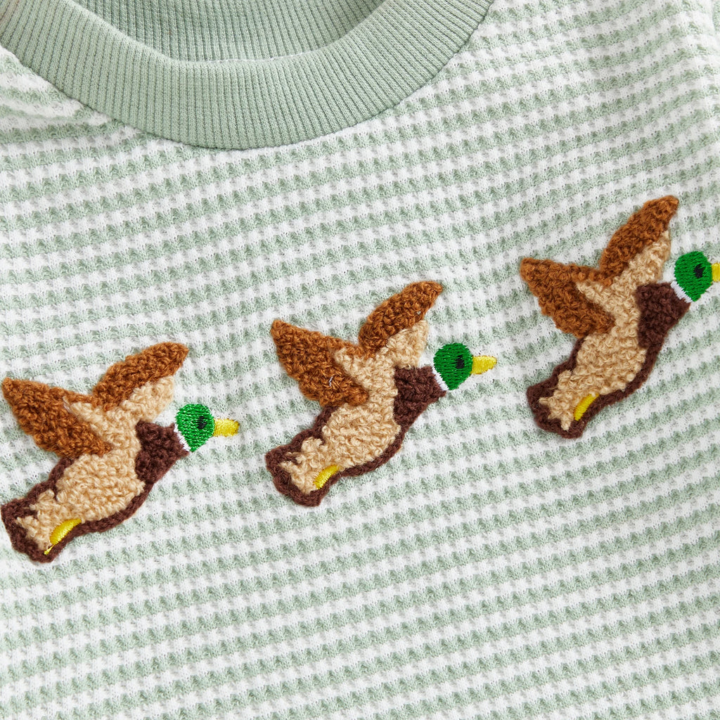 Lioraitiin Newborn Baby Boy Romper Long Sleeve Round Neck Duck Embroidery Bodysuit Fall Playsuit