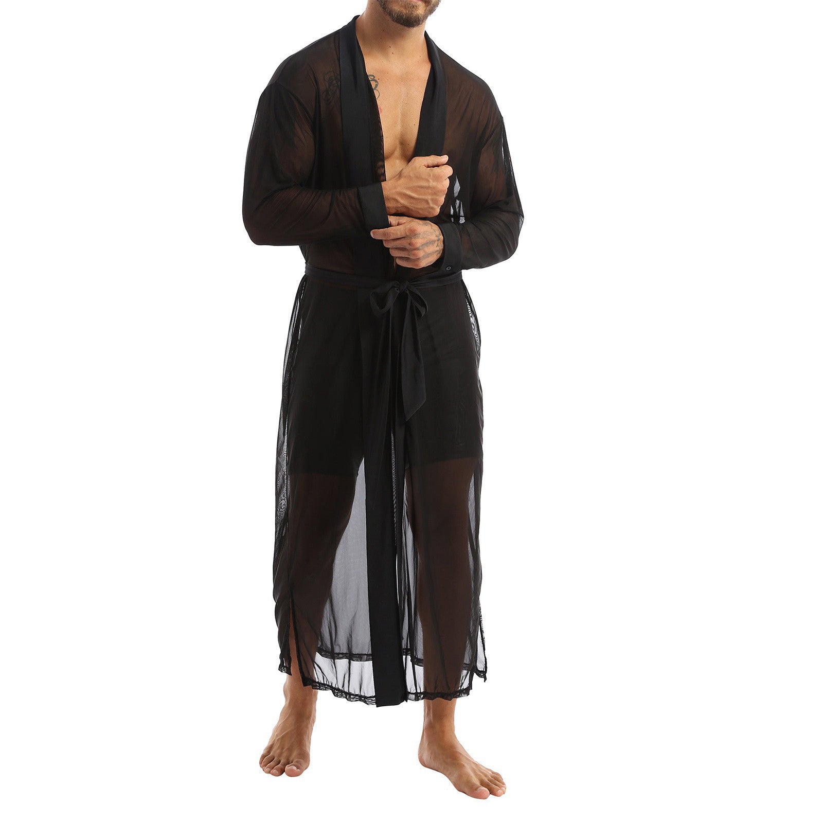Men Transparent Mesh Robes Sexy Lingerie Front Cardigan Mesh See-through Long Bathrobe Male Gay Long Sleeve Nightgown Underwear