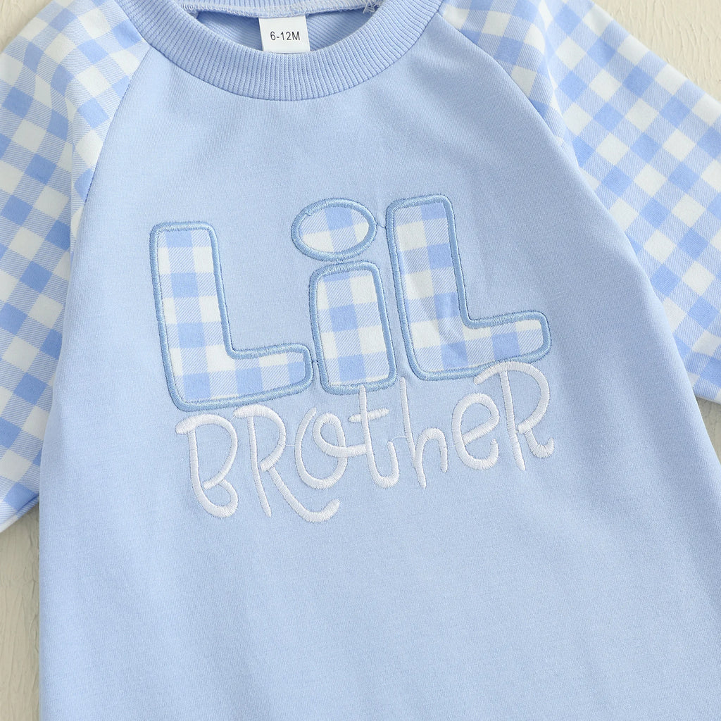 Baby Boy Fall Romper Plaid Print Letter Embroidery Long Sleeve Round Neck Full Length Jumpsuit