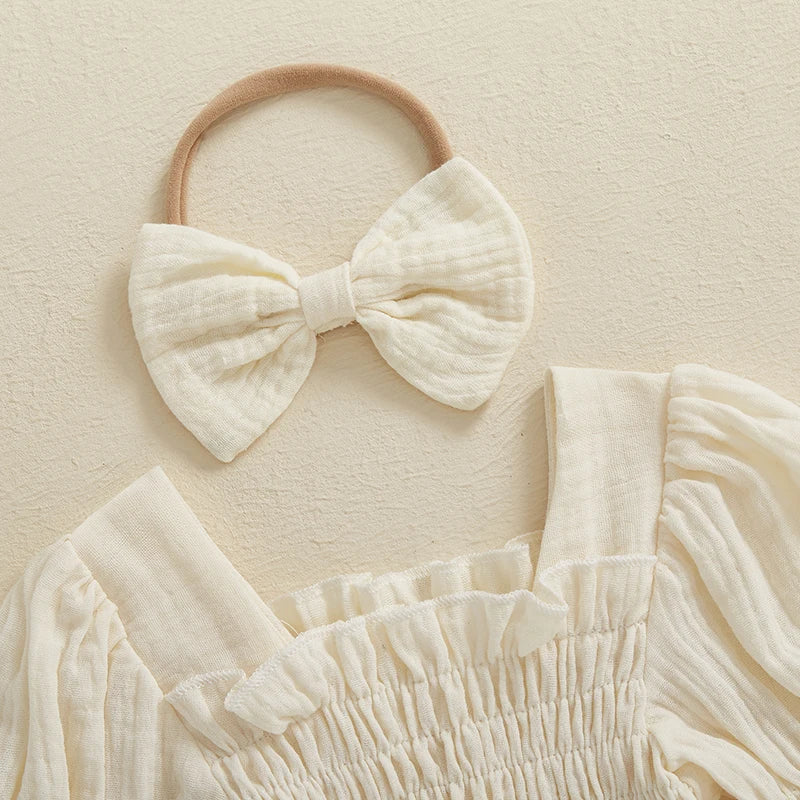 2024-10-29 Lioraitiin Baby Girls Spring Romper Long Sleeve Square Neck Solid Color Romper with Headband