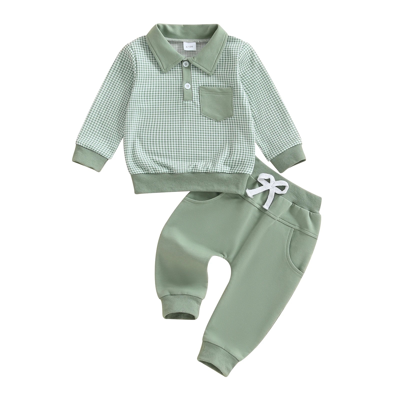 2025-06-03 Lioraitiin Toddler Baby Boys Fall Set Plaid Long Sleeve Lapel Tops and Solid Color Bow Pants with Pocket 2Pcs Outfits
