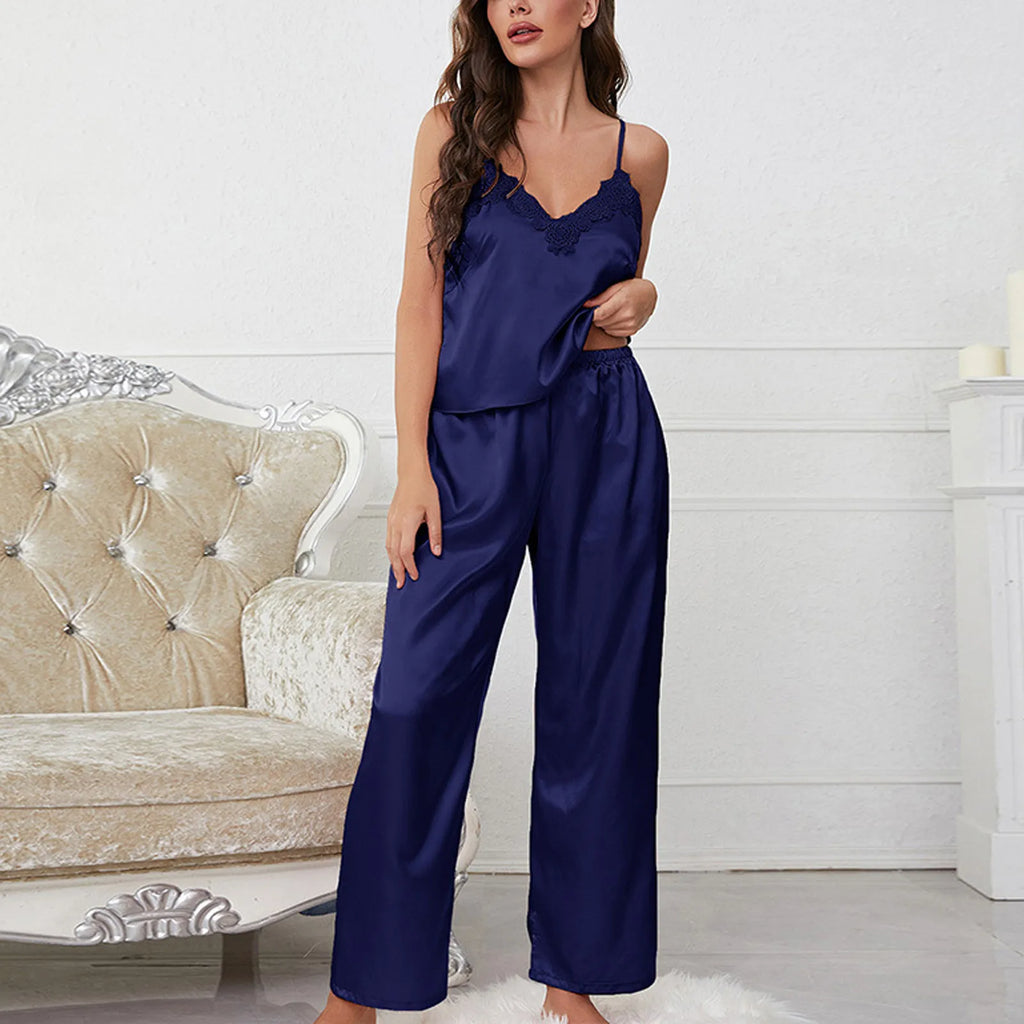 Women'S Satin Pajamas Set Autumn Winter Sleeveless Top Long Pants Sleepwear 2 Piece Set For Women Casual Home Loose Pajamas Set