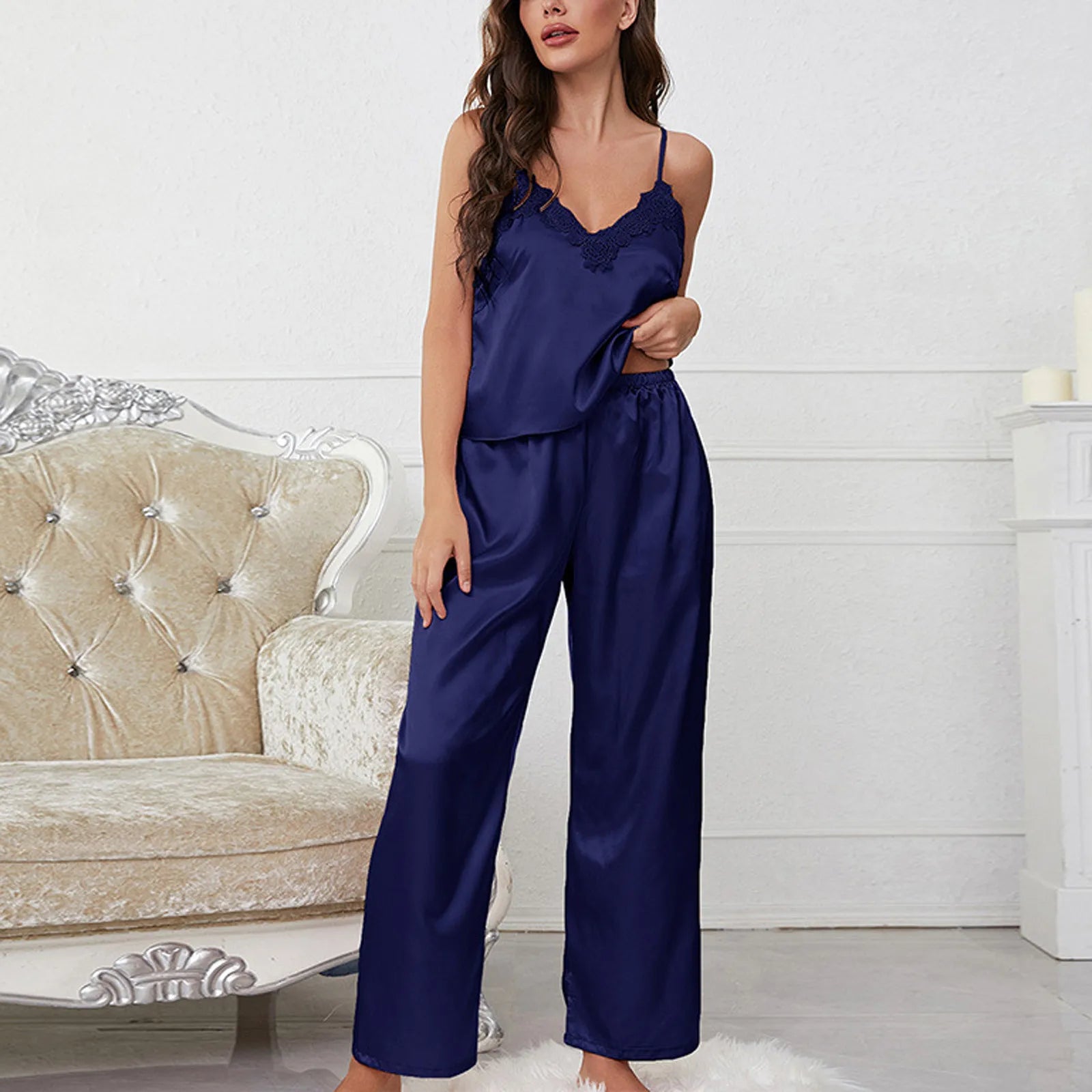 Women'S Satin Pajamas Set Autumn Winter Sleeveless Top Long Pants Sleepwear 2 Piece Set For Women Casual Home Loose Pajamas Set