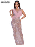 New Elegant Sheer Mesh Rhinestone Patchwork Pink Long Dress Women Sexy See Though 3D Flower Sleeveless Birthday Party Vestidos