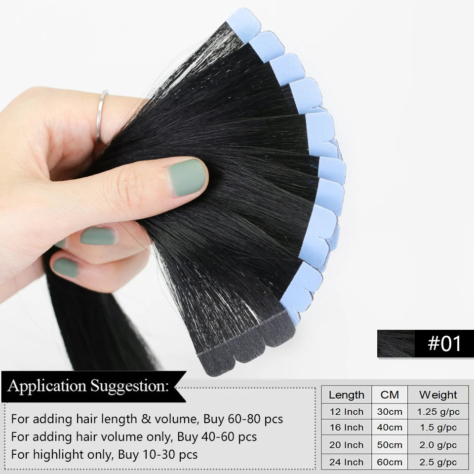 MRSHAIR Mini Tape Hair Extensions Human Hair Natural Tape in Hair Extentions 3x0.8cm Invisible Tape 10pcs/pack For Side Hair