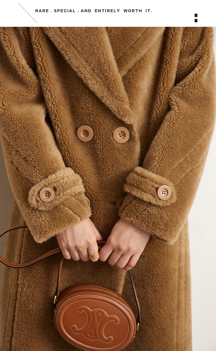 Amii Fur Coat 2025 Winter New Warm Office Lady Turn-Down Collar Full Wool Outerwears Straight Double-breasted Coat 12554013