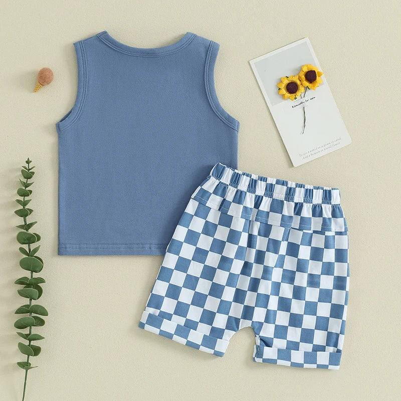 2023-12-09 lioraitiin Summer Baby Boy Clothes Solid Sleeveless Tank Top Checkered Shorts 2Pcs Outfit Set