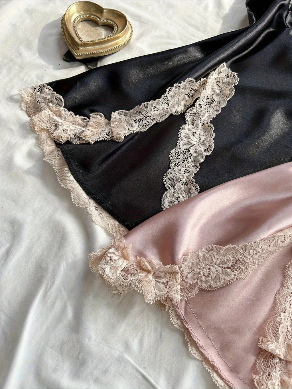 2Pcs Women's Satin Sleepwear Set Black & Blush, Ruched V-Neck Strapless Nightgown Lingerie Dress, All-Season Nightwear