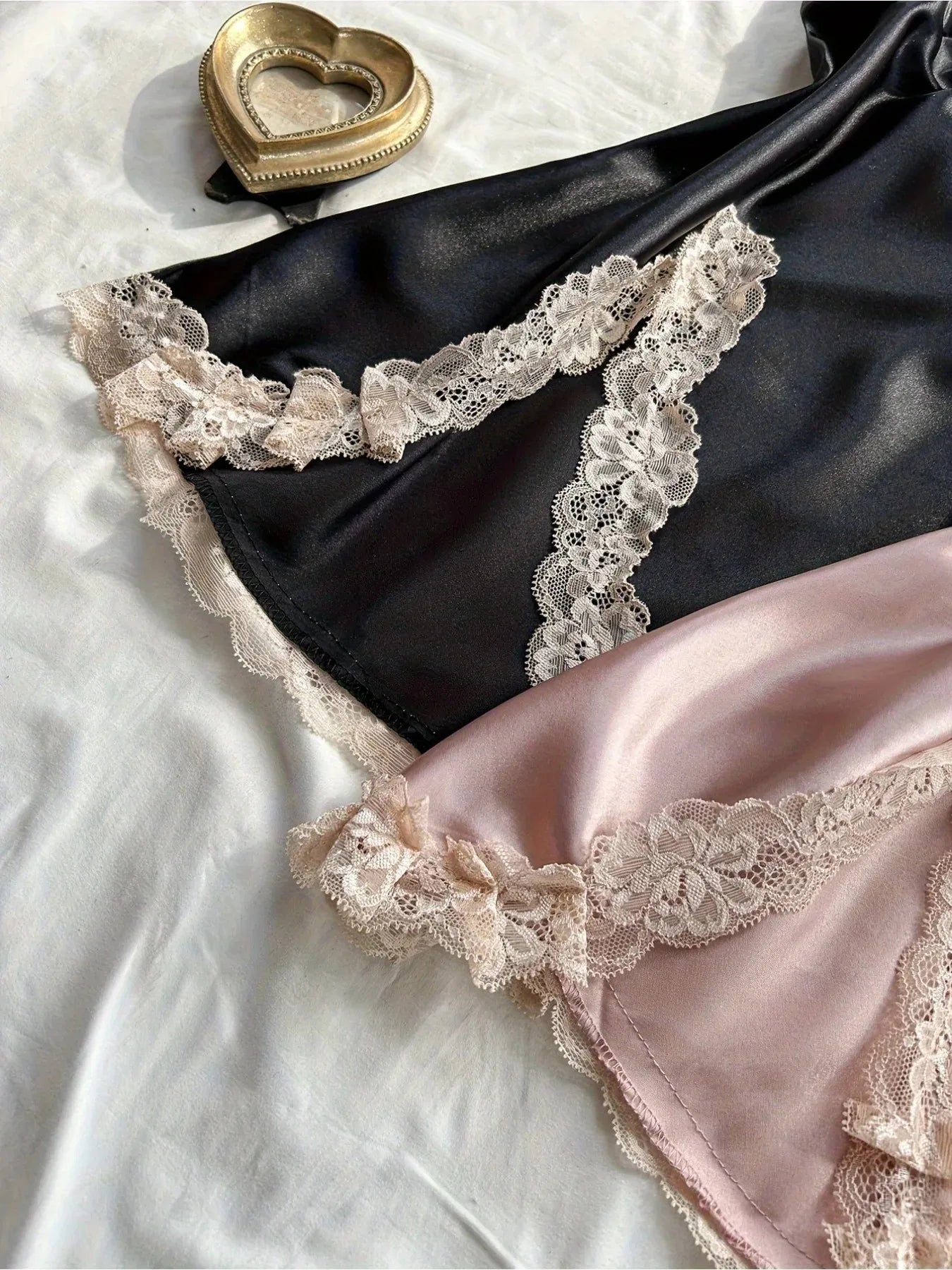 2Pcs Women's Satin Sleepwear Set Black & Blush, Ruched V-Neck Strapless Nightgown Lingerie Dress, All-Season Nightwear