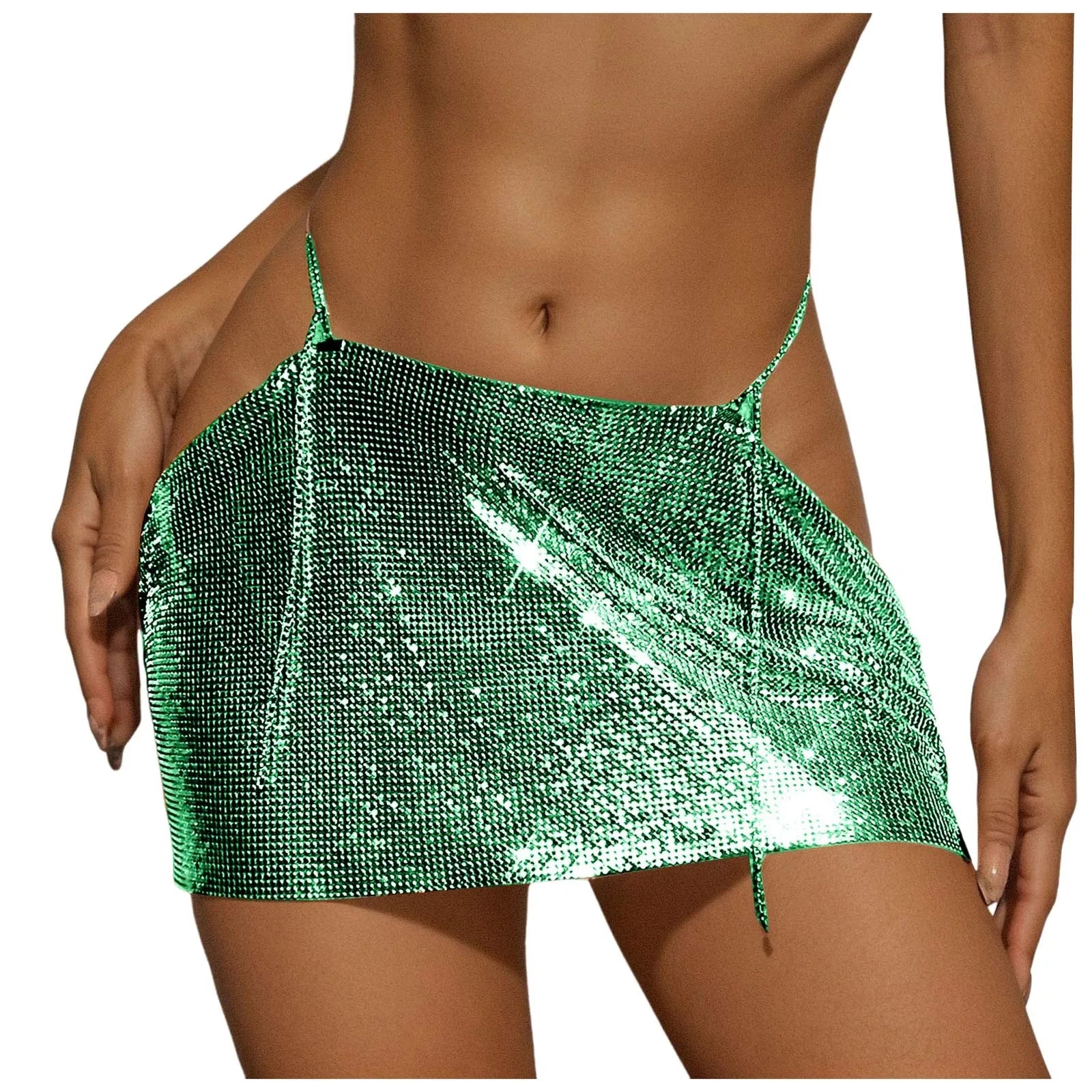 Women Sparkly Sequins Mini Skirt Low Waist Metal Chains Waistband Glitter Skirts Sexy Miniskirt Nightclub Rave Party Clubwear