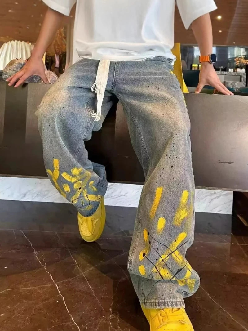 Light Blue Jacquard Streetwear Jeans for Men & Women - Straight Flared Pants with Elastic Waistband, Machine Washable, All-Seaso