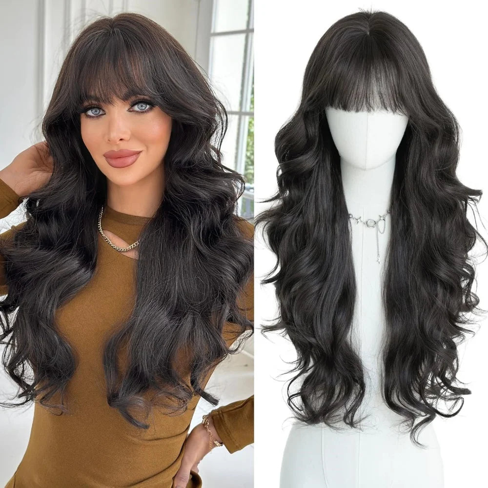 Body Wave Human Hair Wig with Bangs Middle Part 3x1 Lace Frontal Wig with Bangs Brazilian Human Hair Body Wave 34 Inch for Women