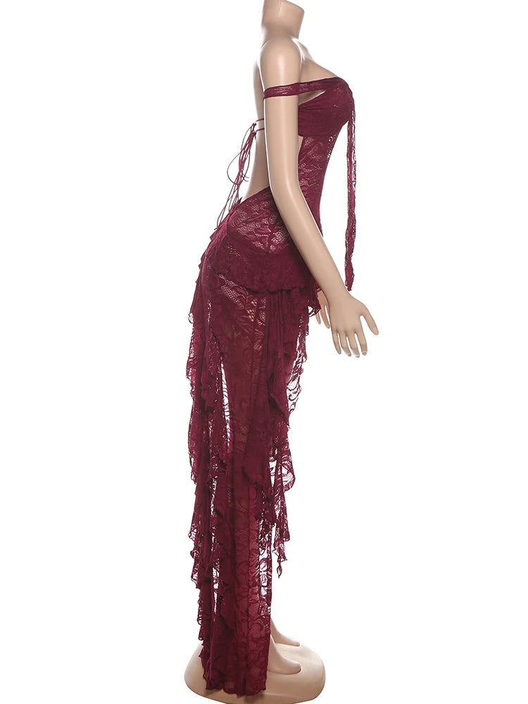 Cutenew Lace Emboridered Women Dresses Sexy Hot Sheer Off Shoulder Irregular Backless Bandage Vestidos Female Coquette Clubwear