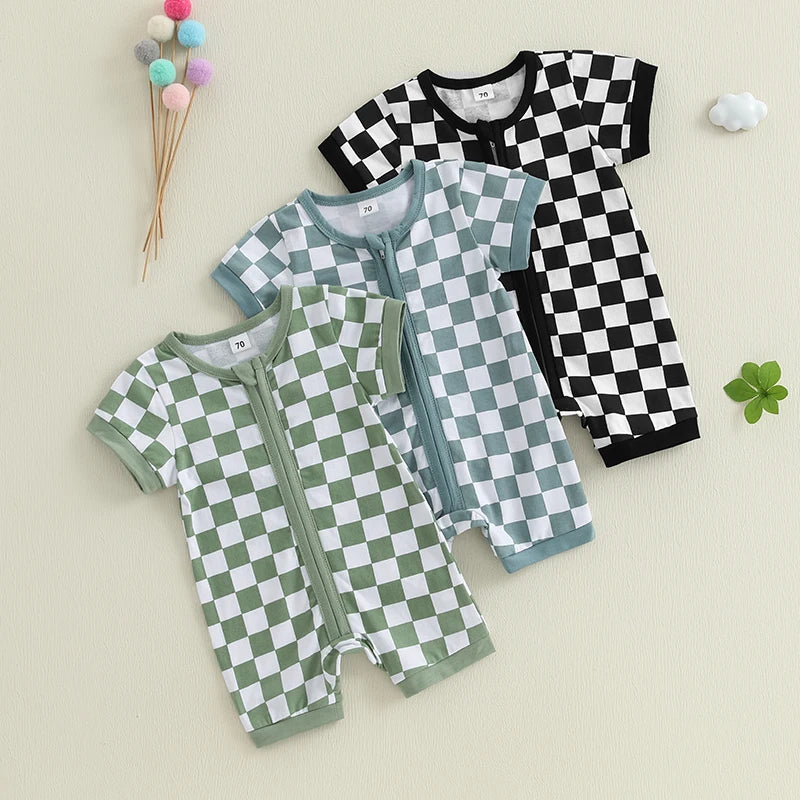 2025-02-06 Lioraitiin Baby Boys Summer Romper Checkerboard Print Short Sleeve Round Neck Zipper Front Jumpsuit