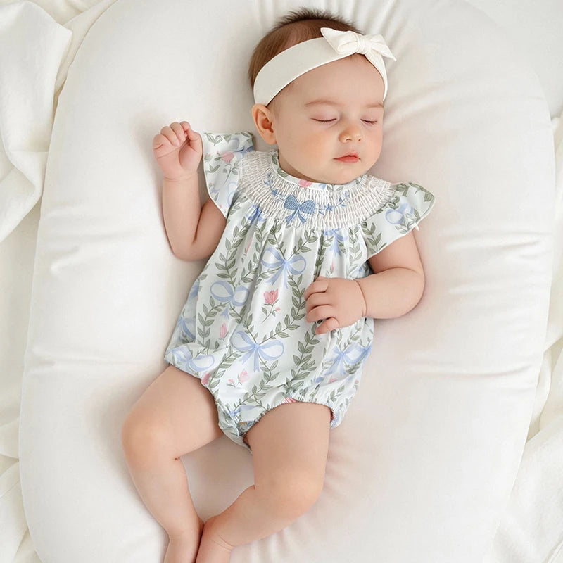 Adorable Baby Girls Jumpsuit Short Sleeve Round Neck Floral Print Toddler Romper for Playtime and Outings in Summer