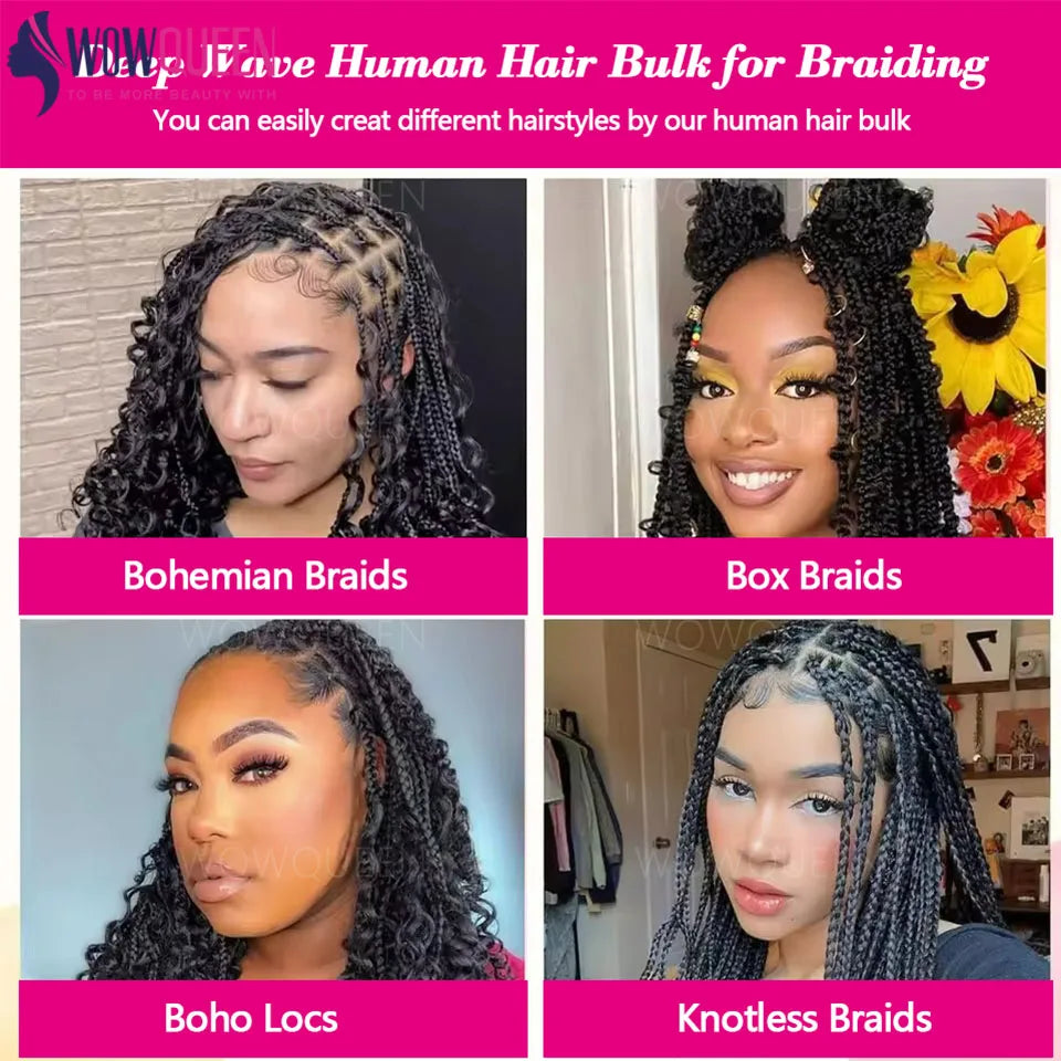 100% Human Hair Deep Wave Boho Braids Human Hair Bulk 50g/100g Braiding Hair Weave Extensions Brazilian Curly Hair for Braiding