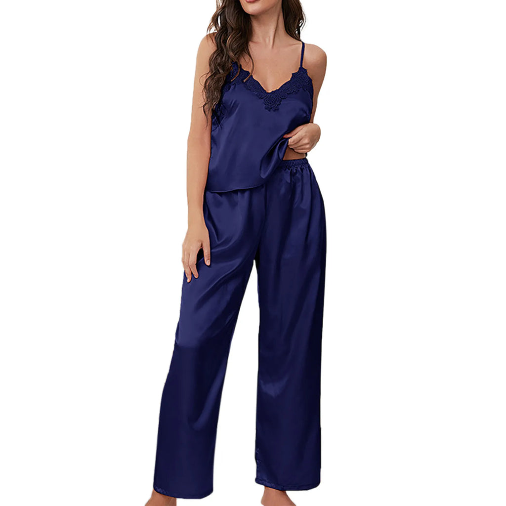 Women'S Satin Pajamas Set Autumn Winter Sleeveless Top Long Pants Sleepwear 2 Piece Set For Women Casual Home Loose Pajamas Set