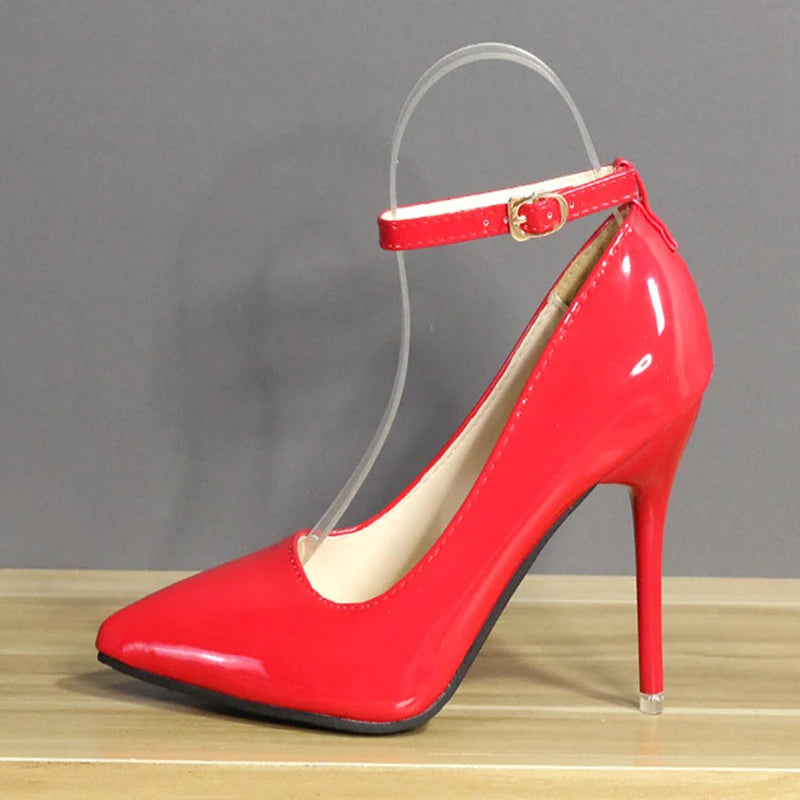 One Word Buckle High Heels 2025 Spring New Patent Leather Stiletto Heel Work Pumps Large Pointed Shallow Mouth Women's Shoes